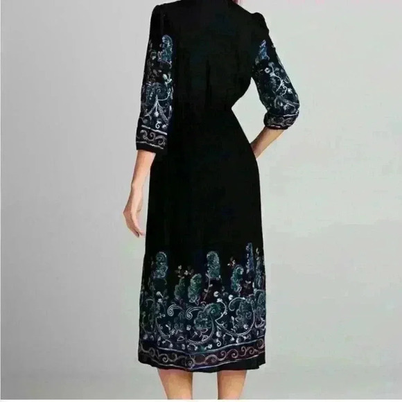 Embroidered ReneeC Black Multicolor Print Boho Maxi Dress Bohemian Peasant Lined - Picture 2 of 9